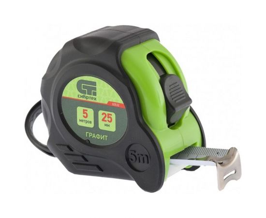 Рулетка СИБРТЕХ Графит обрезиненный корпус, амортизатор, 5 м, 25 мм 32532 