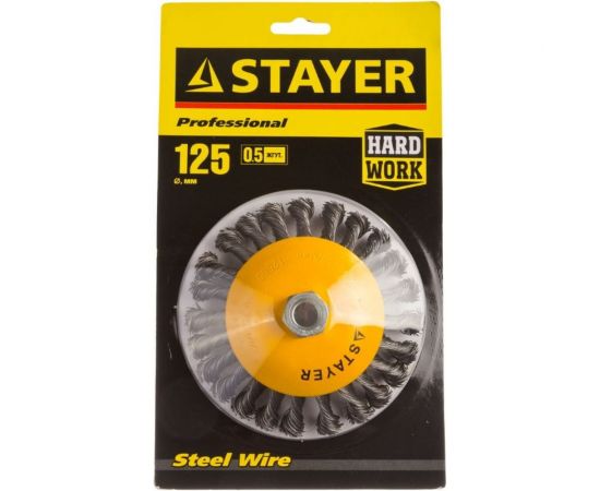 Щетка коническая PROFESSIONAL (125 мм; М14; плетеные пучки проволоки 0.5 мм) для УШМ STAYER 35135-125 – изображение 2