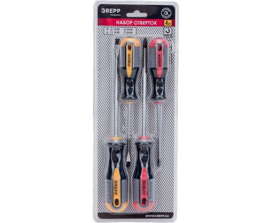 Набор отверток Ladina GREPP PH1х100 мм, PH2х100 мм, SL5х100 мм, SL6х150 мм, CrV, 3х комп. ручка, 4 шт. 201-024 