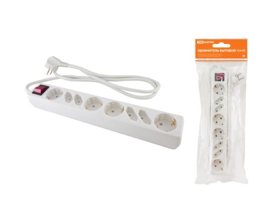 Бытовой удлинитель TDM У044В, выключатель, 4 без заземления+4 с заземлением, 5метров, ПВС 3х1,5мм2, 16А/250В SQ1303-0322 