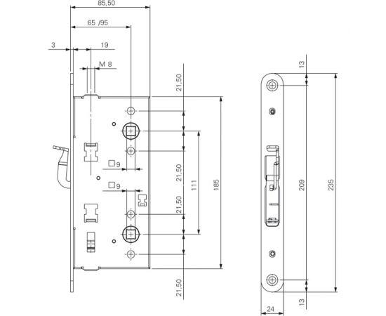 Корпус огнестойкого замка Doorlock DL 1902/21/65mm PZ ZN front 24x235, DIN, антипаника, для пассивной створки, симметричный 75402 – изображение 2