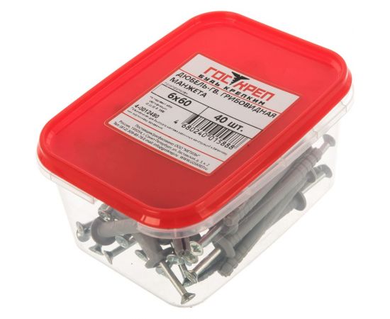 Дюбель-гвоздь Госкреп 6х60 мм, грибная манжета, полипропилен, 40 шт., пластиковый контейнер, 400 мл 4-0012480 – изображение 5