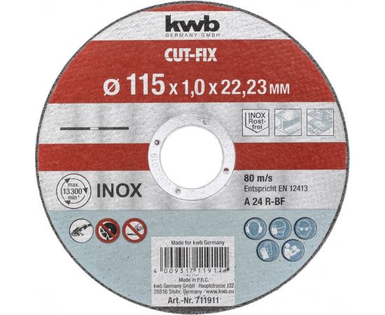 Диск отрезной 115x1х22,2 мм по металлу KWB 711911 