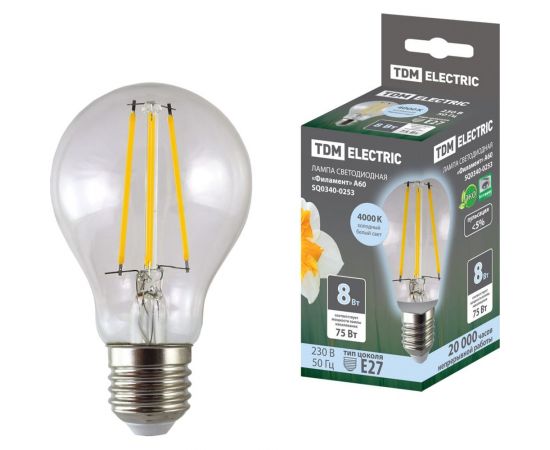Светодиодная лампа TDM "Филамент" А60-8 Вт-230 В-4000 К–E27 SQ0340-0253 
