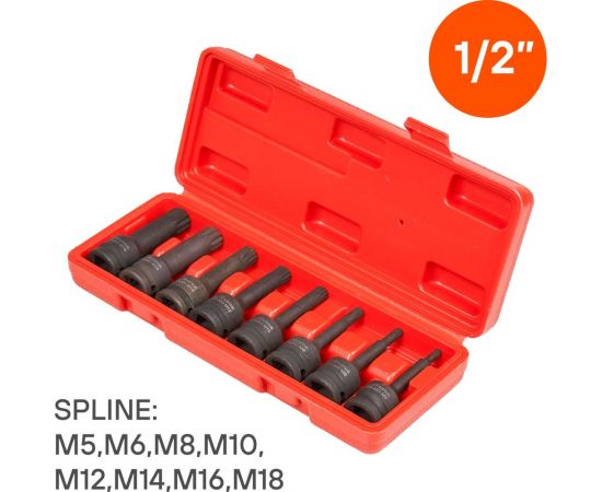 Набор головок ударных внешний SPLINE 8 шт, M5-M6-M8-M10-M12-M14-M16-M18, 78 мм, 1/2"" Airline ATAS051 – изображение 2