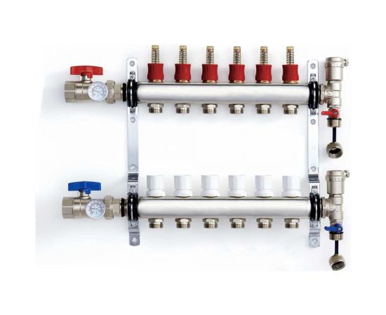 Коллектор RIIFO Flow с расходомерами и автоматическими воздухоотводчиками комплект нержавеющая сталь 1"ВР 4x3/4"НР Евроконус ц/ц 50 мм 1100042448 