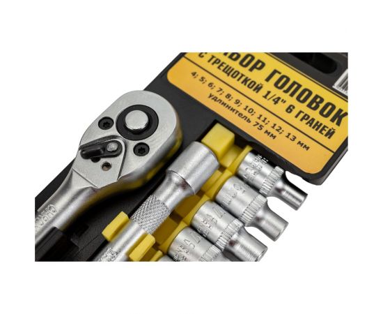 Набор головок БМ 1/4""DR 6-гр.12 предметов с трещоткой 4,5,6,7,8,9,10,11,12,13 мм с удлинителем 1/4"" 75 мм 970814 – изображение 4