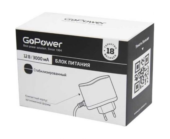 Импульсный блок питания GoPower 3.0A 12V 5,5x2,5/12мм (1/90) 00-00018646 