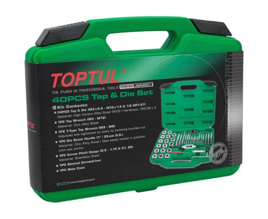 Набор метчиков и плашек TOPTUL М3-М12, 40 предметов JGAI4001 – изображение 3