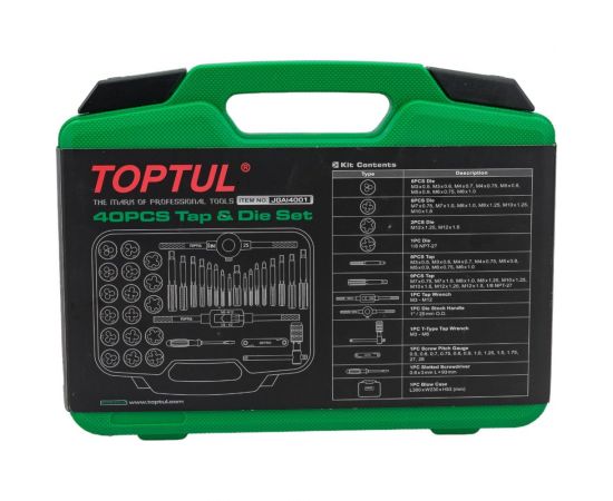 Набор метчиков и плашек TOPTUL М3-М12, 40 предметов JGAI4001 – изображение 4