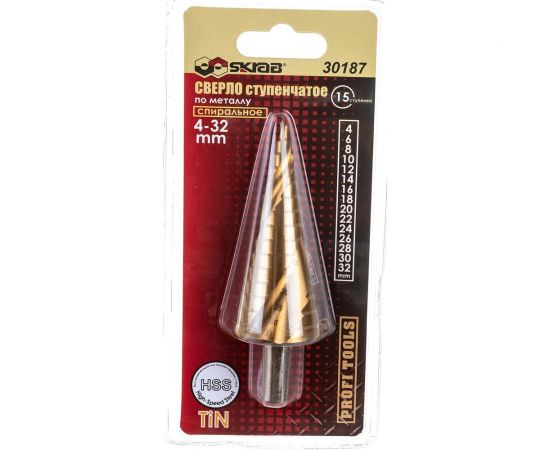 Сверло ступенчатое спиральное по металлу (4-32 мм; 15 ступеней; TiN) SKRAB 30187 