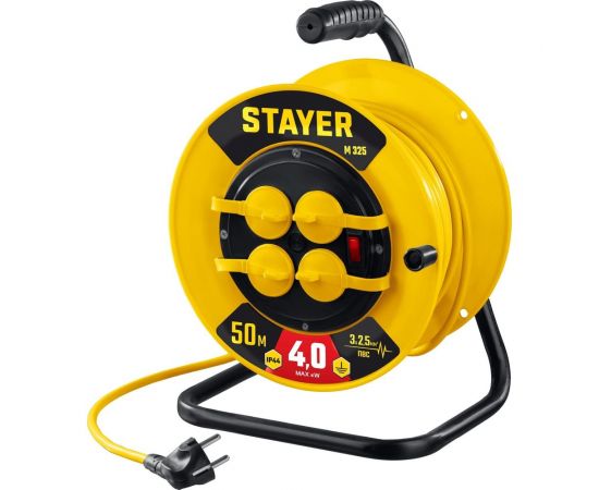 Силовой удлинитель на катушке STAYER ПВС 3x2.5 50м 4000Вт ip44 55064-50 