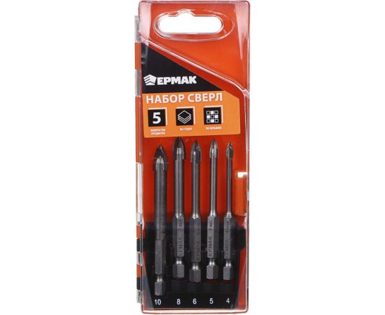 Набор сверл по кафелю/керамике/стеклу (5 шт; 4/5/6/8/10 мм; 4 режущих лезвия; 6-гранный хвостовик) ЕРМАК 602-162 – изображение 4
