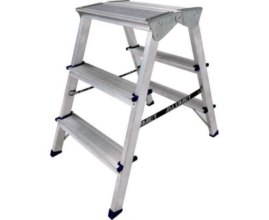 Двухсторонняя алюминиевая стремянка Алюмет c широкой верхней ступенью 260 мм, 3 ступени ADK6203 