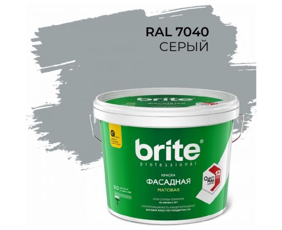Фасадная колерованная краска BRITE PROFESSIONAL серая RAL 7040, матовая, ведро 9 л/13.4 кг О05685 
