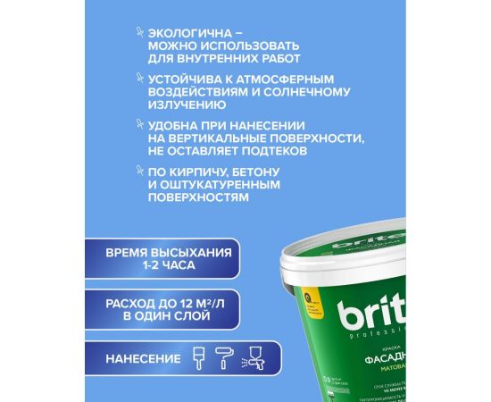 Фасадная колерованная краска BRITE PROFESSIONAL серая RAL 7040, матовая, ведро 9 л/13.4 кг О05685 – изображение 5