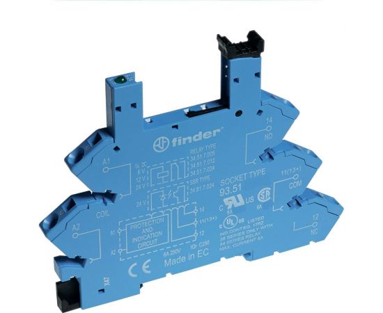 Розетка Finder для реле 34.51, 34.81 с пруж. зажимами, подавление тока утечки, 6а, 220-, 93513240 