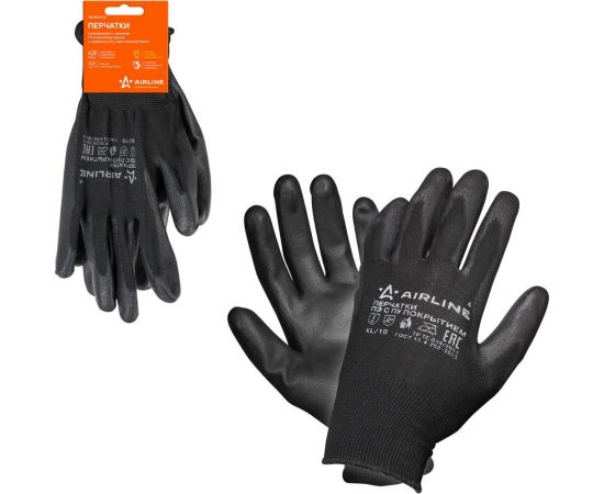 Полиэфирные перчатки с цельным ПУ-покрытием ладони Airline, c подвесом, черный/серый ADWG002 – изображение 2