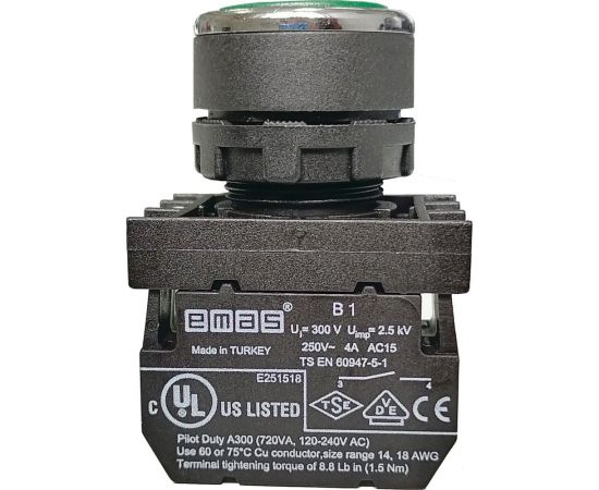 Нажимная круглая кнопка Ema зелёная, 250В AC, 4А,12-30В AC/DC, 10шт. B190DY – изображение 2