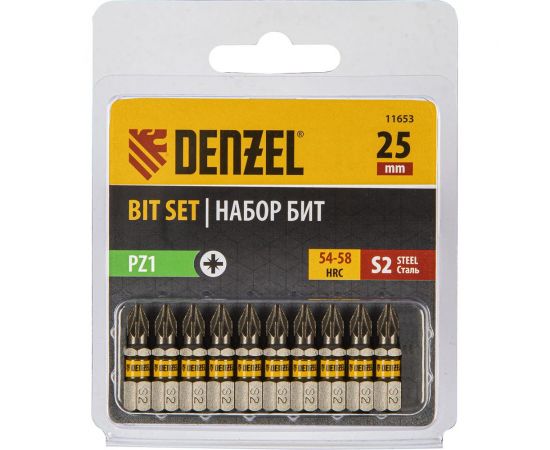 Набор бит PZ1, 25 мм, сталь S2, шестигранный профиль, 10 шт Denzel 11653 
