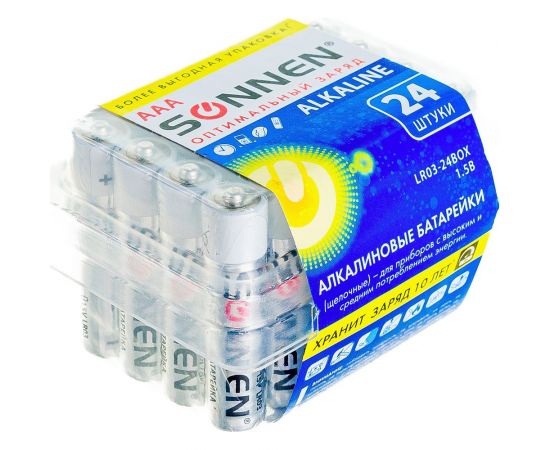 Батарейки SONNEN, КОМПЛЕКТ 24 шт, Alkaline, ААА LR03, 24А, алкалиновые, мизинчиковые, короб 455096 – изображение 3