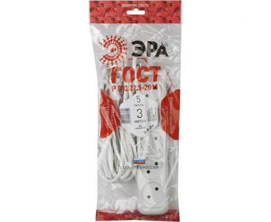 Удлинитель ЭРА U-5-3m Россия без зазeмления, 2х1мм2, 10А, ПВС, 5гн, 3м Б0028364 – изображение 6