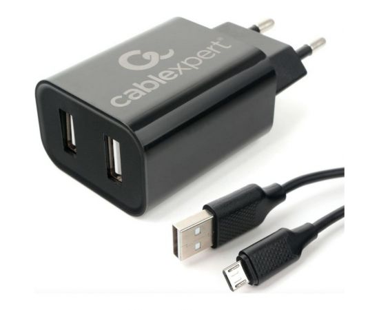 Адаптер питания Cablexpert USB 2 порта, 2.4A, черный + кабель 1м micro MP3A-PC-35 