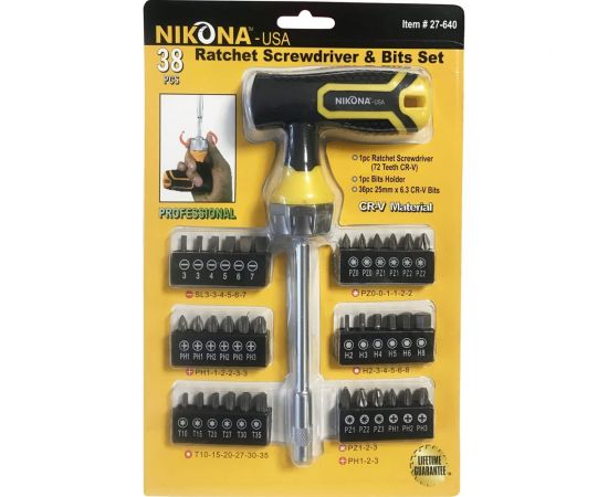 Набор насадок-бит с Т-образной реверсивной отверткой NIKONA Хр/B 38 предметов 27-640 
