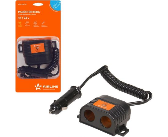 Прикуриватель-разветвитель Airline 15А на 2 гнезда с витым шнуром ASP-15A-10 