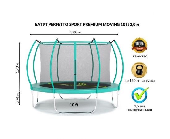 Батут с защитной cеткой Perfetto Sport PREMIUM MOVING 10"", диаметр 3 м, зеленый СГ000005557 – изображение 2