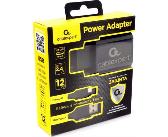 Адаптер питания Cablexpert USB 2 порта, 2.4A, черный + кабель 1м micro MP3A-PC-35 – изображение 3