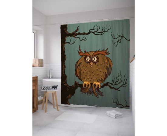 Штора (занавеска) для ванной JoyArty ""Испуганная сова"" из сатена, 180х200 см с крючками, sc_15681 