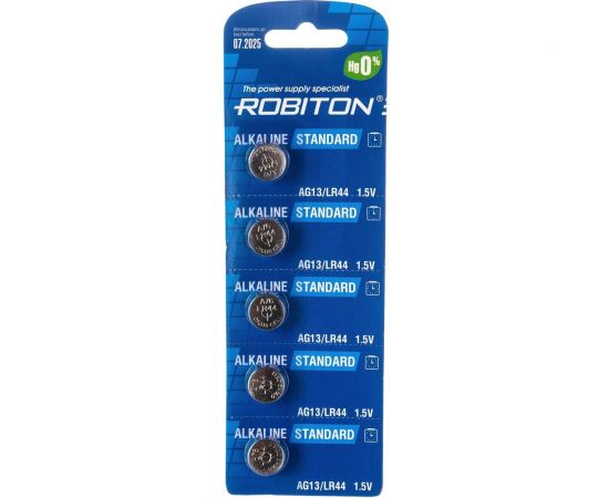 Элемент питания Robiton STANDARD R-AG13-0-BL5 (0 Hg) AG13 LR44 357 A76 МЦ-1154 BL5 16948 