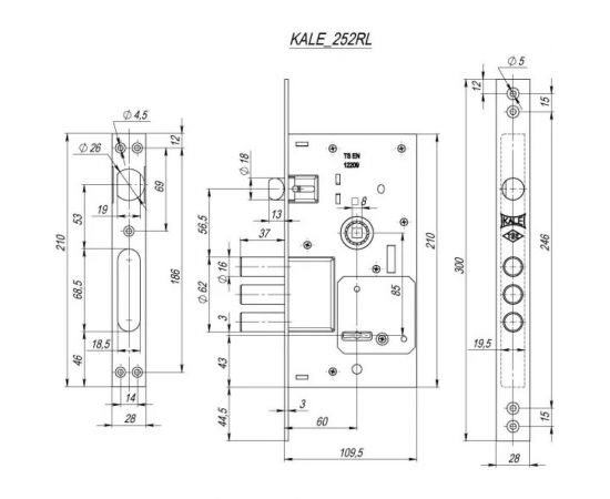 Врезной сувальдный замок KALE KILIT 252RL, 85BS60, 35CP, 5K (75мм), w/o SP, w/o Ros, PB 252RL000029 – изображение 3