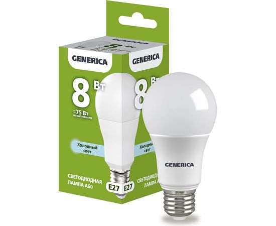 Светодиодная лампа GENERICA A60 груша 8Вт 230В 6500К E27 LL-A60-08-230-65-E27-G 