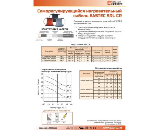 Греющий кабель для труб EASTEC и водостока SRL 30-2 CR (Ю.Корея) саморегулирующийся экранированный 30 Вт/м с УФ-защитой 100 м EASTEC SRL 30-2 CR-100м – изображение 2