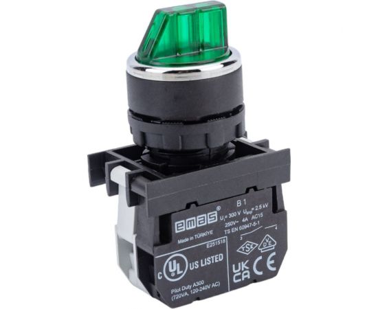 Переключатель Emas с подсветкой светодиод 0-1 без фиксации зеленый 1НО 12-30 B190SL21Y 