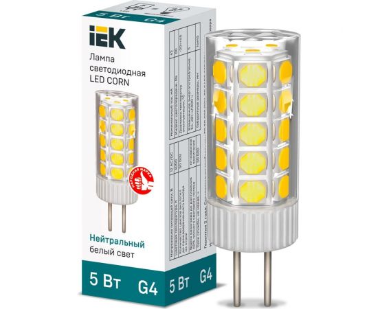 Светодиодная лампа IEK corn капсула 5вт 12в 4000к керамика g4 LLE-CORN-5-012-40-G4 