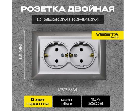 Двойная розетка Vesta Electric Roma Silver c заземлением FRZ00010111SRM – изображение 2