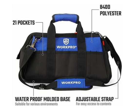 Сумка для инструмента WORKPRO 640D 420x230x270 мм, с широким горлом, на молнии, с пластиковым дном WP281007 – изображение 3