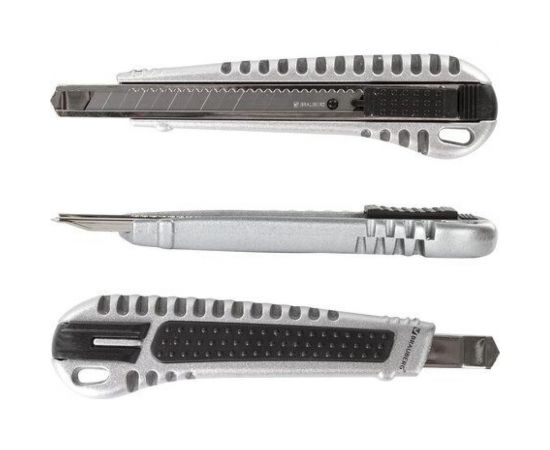 Универсальный нож BRAUBERG Metallic 9 мм, металлический корпус, рифленый, автофиксатор, блистер 236971 – изображение 8