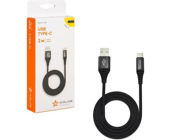 Кабель AIRLINE USB - Type-C 2м, черный нейлоновый ACH-C-48 