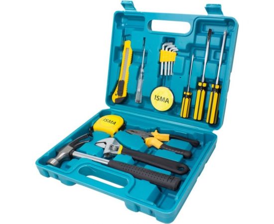 Набор инструментов ISMA плоскогубцы, разводной ключ, рулетка, молоток, нож, отвертки, шестигранники, изолента, в кейсе, 16 предметов 10016(50620) 