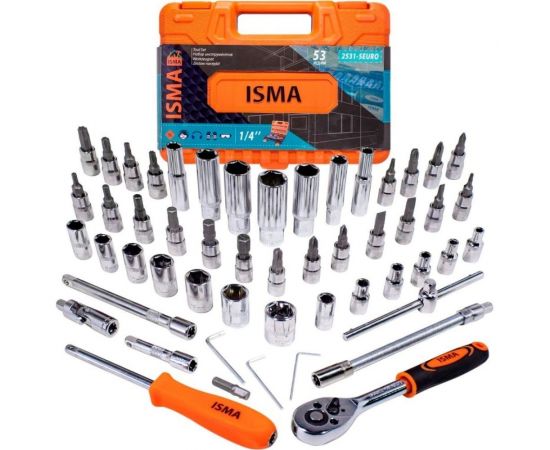 Набор инструмента ISMA 1/4, 6-гран., 4-14 мм, головки глубокие 6-14 мм, 53 предмета ISMA-2531-5EURO(51108) 