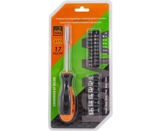 Отвертка-битодержатель с комплектом бит и головок ISMA 17 предметов, в блистере ISMA-5171(51203) 