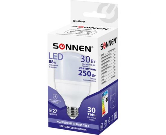 Светодиодная лампа SONNEN 30 Вт, цоколь Е27, цилиндр, холодный белый, 30000 ч, 454924 – изображение 2