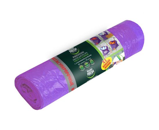 Пакеты фиолетовые с завязками для мусора Premium 10 шт, 60 л, 60 мкм MASTER FRESH 218386 