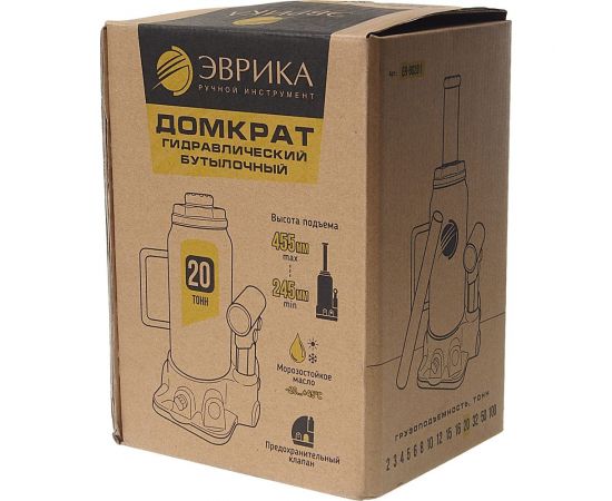 Гидравлический бутылочный домкрат ЭВРИКА с клапаном, 20 т, ремкомплект ER-80201 – изображение 3