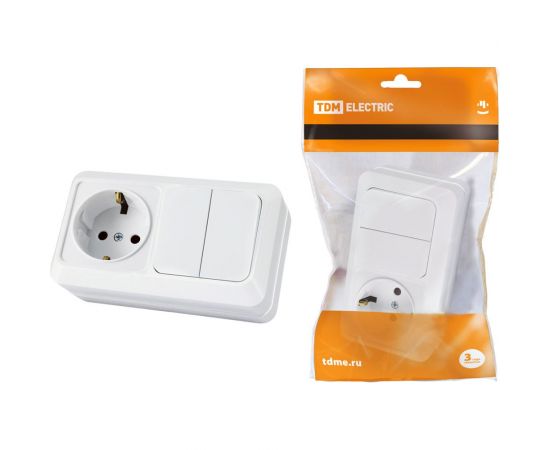 Комбинированный блок TDM 2-клавишный выключатель 10А + розетка 2П+З 16А, 250В, БКВР, IP20, белый, Ладога SQ1801-0102 
