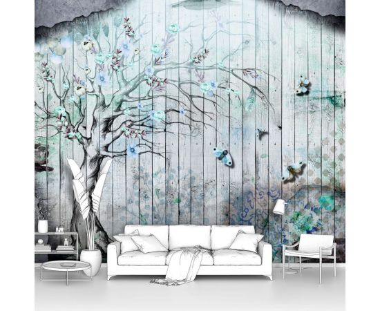Фотообои ООО Первое ателье лофт ""Рисунок на заборе-Дерево с нежными голубыми цветами"", 300x250 см pw93991-3 